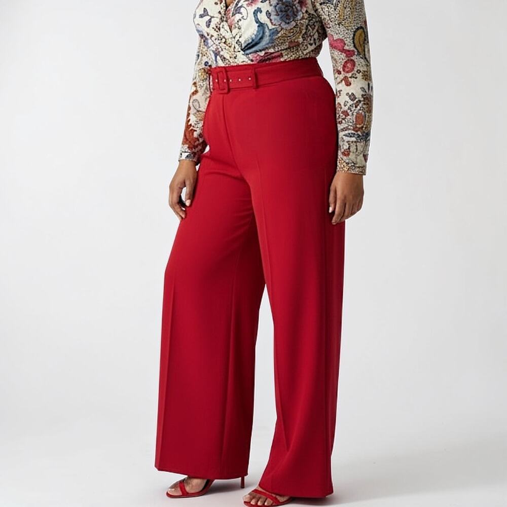 Fashion Nova Vienna High Waist Wide Leg Pants Red Belted 1X & 2X NWT
